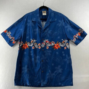 Winnie Fashion Shirt Mens Sz XL Motorcycle Hawaiian Button Up Short Sleeve Blue